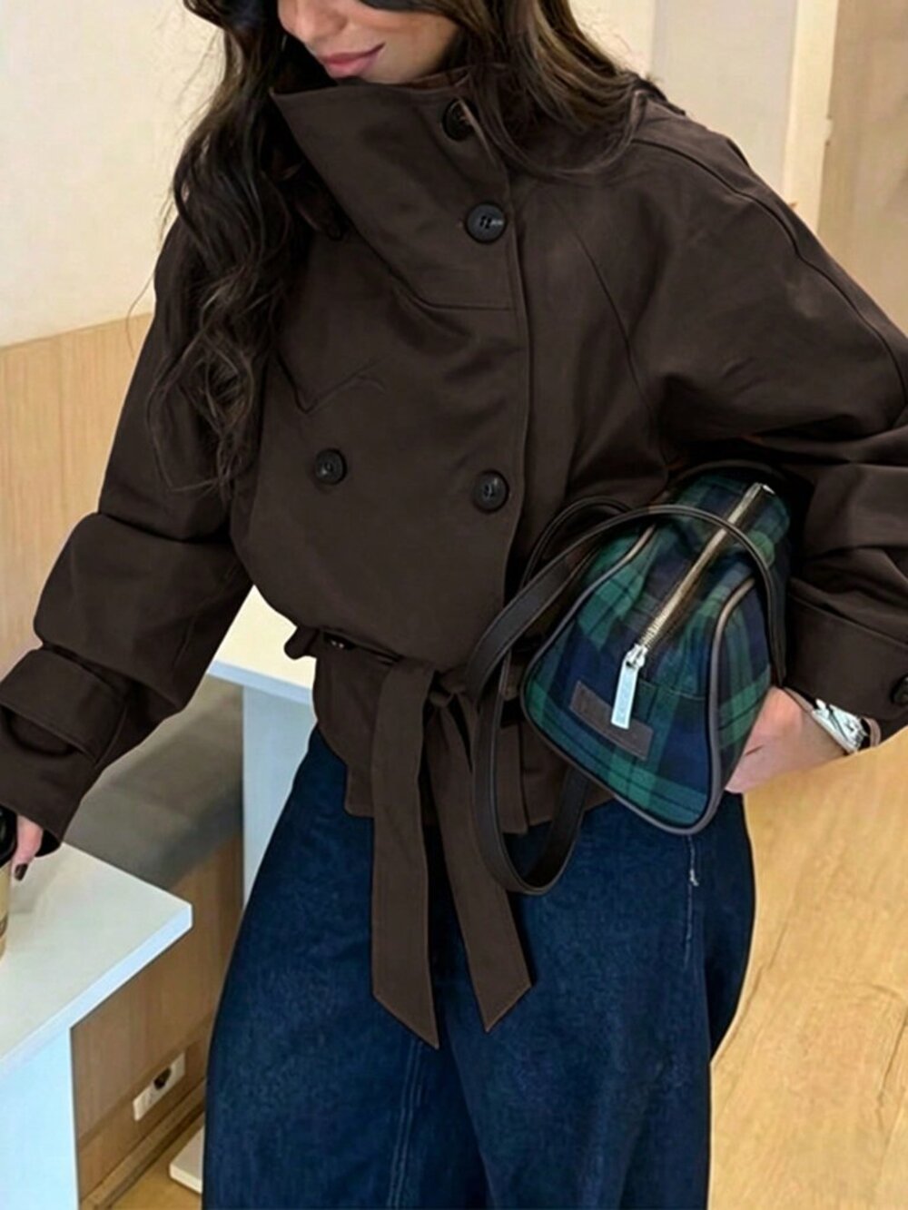 Coffee Brown Casual Women's Double-Breasted Drop Shoulder Trench Coat